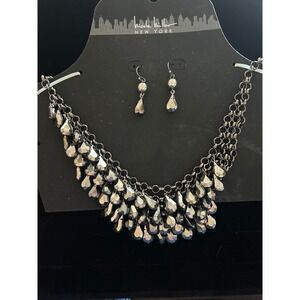 Nicole Miller New York Statement Necklace and Matching Earrings Set Silver Tone.